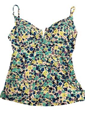 ANNE COLE Floral Tankini Top with Built-In Bra - Blue/Green Print Size M - NWT